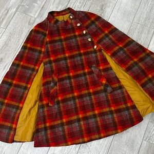 Vintage Plaid Wool Cape Coat